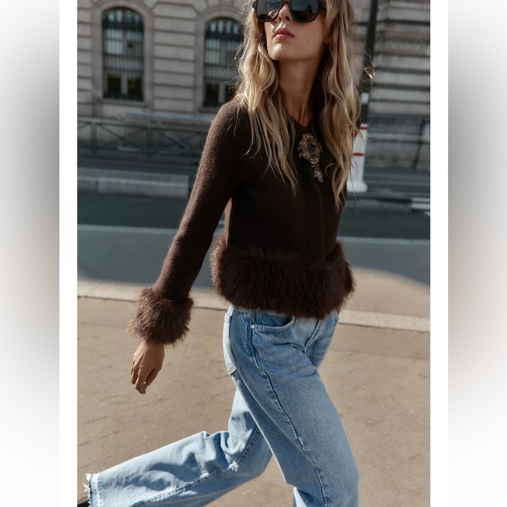 Zara FAUX FUR TRIM KNIT CARDIGAN - Picture 6 of 7